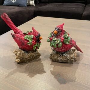 ❌SOLD❌ Set of 2 Glittered Cardinals Perched on Logs by Valerie Parr Hill